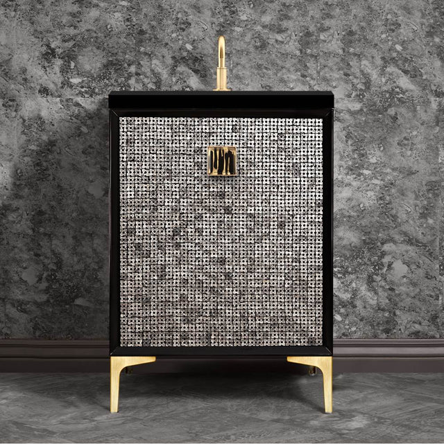 Linkasink - Mother of Pearl with 3'' Black Tiger Artisan Glass Prism, 24'' Wide Vanity, Black, Satin Brass Hardware with White Glass, 24'' x 22'' x 33.5'' (without vanity top) - Satin Brass with Black Tiger Prism Glass