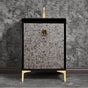 Linkasink - Mother of Pearl with 3'' Black Tiger Artisan Glass Prism, 24'' Wide Vanity, Black, Satin Brass Hardware with White Glass, 24'' x 22'' x 33.5'' (without vanity top) - Satin Brass with Black Tiger Prism Glass
