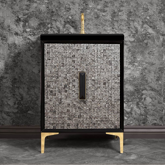 Linkasink - MOTHER OF PEARL with 8'' Artisan Glass Prism Hardware 24'' Wide Vanity, Black, Polished Brass Hardware, 24'' x 22'' x 33.5'' (without vanity top) - Polished Brass with Black Prism Glass