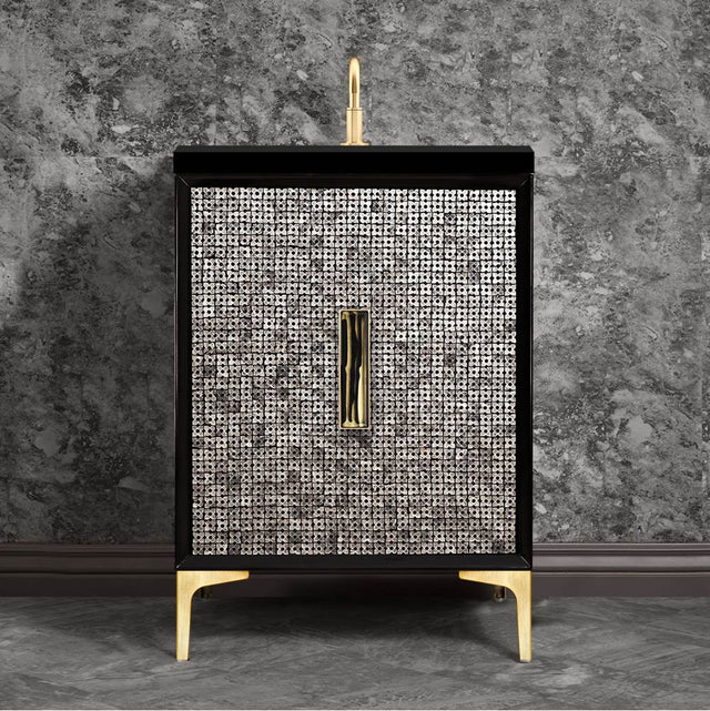 Linkasink - Mother of Pearl with 8'' Black Tiger Artisan Glass Prism, 24'' Wide Vanity, Black, Satin Brass Hardware with White Glass, 24'' x 22'' x 33.5'' (without vanity top) - Satin Brass with Black Tiger Prism Glass
