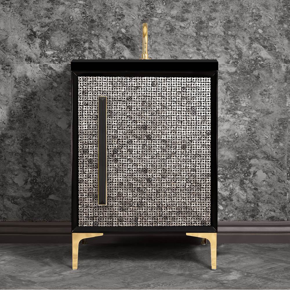 Linkasink - MOTHER OF PEARL with 18'' Artisan Glass Prism Hardware 24'' Wide Vanity, Black, Polished Brass Hardware, 24'' x 22'' x 33.5'' (without vanity top) - Polished Brass with Black Prism Glass