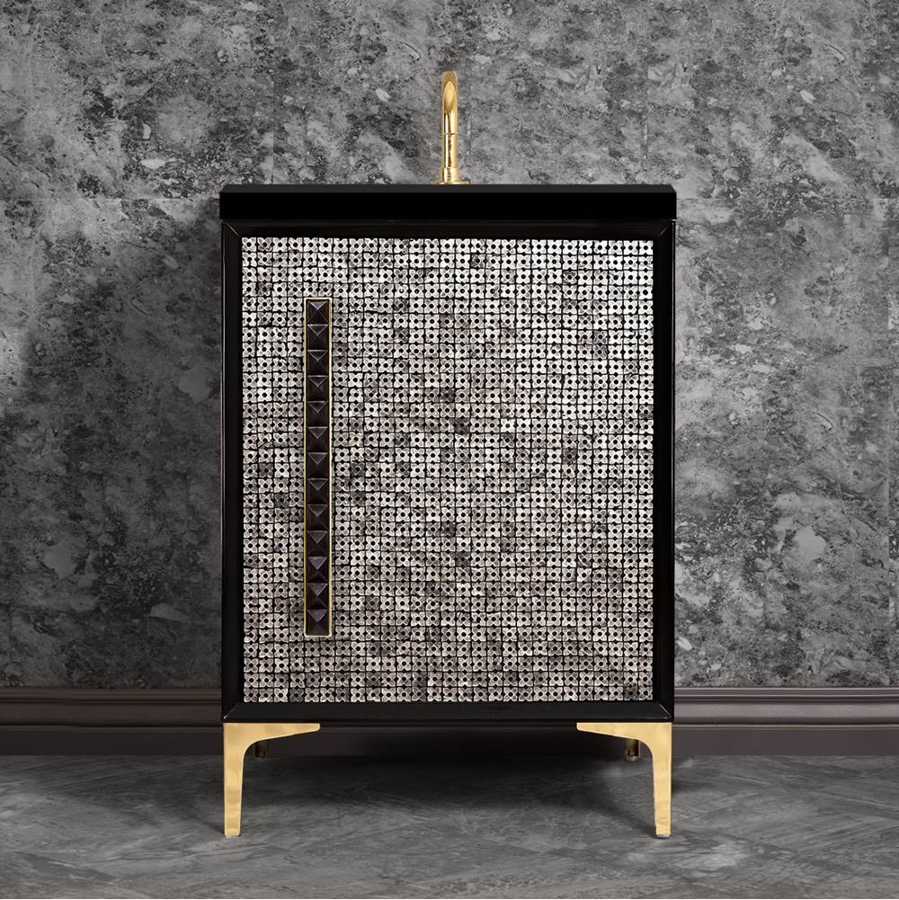 Linkasink - MOTHER OF PEARL with 18'' Artisan Glass Pyramid Hardware 24'' Wide Vanity, Black, Polished Brass Hardware, 24'' x 22'' x 33.5'' (without vanity top) - Polished Brass with Black Pyramid Glass