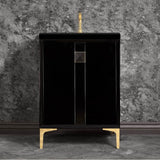 Linkasink - TUXEDO with 3'' Artisan Glass Prism Hardware 24'' Wide Vanity, Black, Polished Brass Hardware, 24'' x 22'' x 33.5'' (without vanity top) - Polished Brass with Black Prism Glass