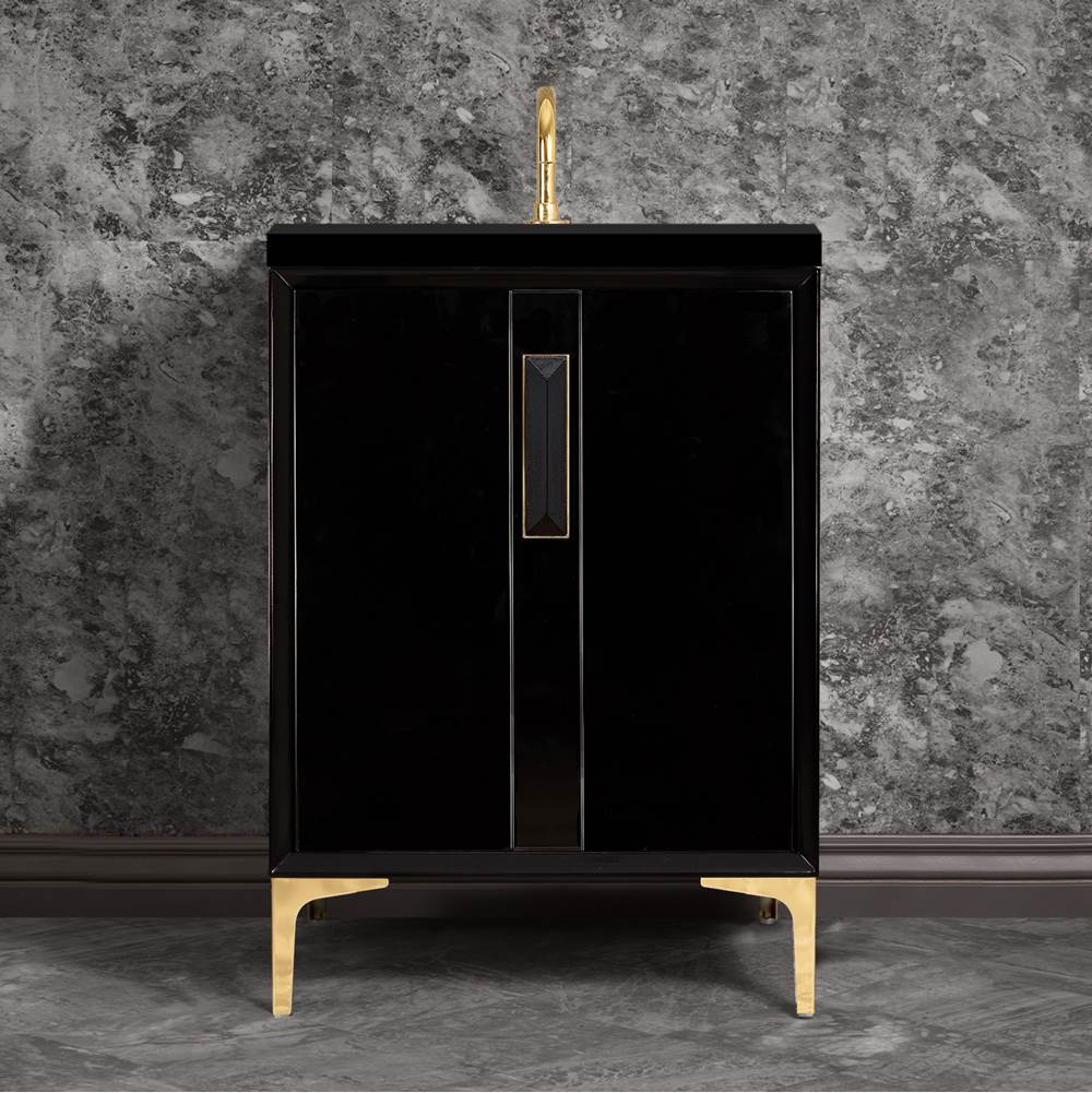 Linkasink - TUXEDO with 8'' Artisan Glass Prism Hardware 24'' Wide Vanity, Black, Polished Brass Hardware, 24'' x 22'' x 33.5'' (without vanity top) - Polished Brass with Black Prism Glass