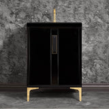 Linkasink - TUXEDO with 8'' Artisan Glass Prism Hardware 24'' Wide Vanity, Black, Polished Brass Hardware, 24'' x 22'' x 33.5'' (without vanity top) - Polished Brass with Black Prism Glass