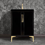 Linkasink - Tuxedo with 8'' Black Tiger Artisan Glass Prism, 24'' Wide Vanity, Black, Satin Brass Hardware with White Glass, 24'' x 22'' x 33.5'' (without vanity top) - Satin Brass with Black Tiger Prism Glass