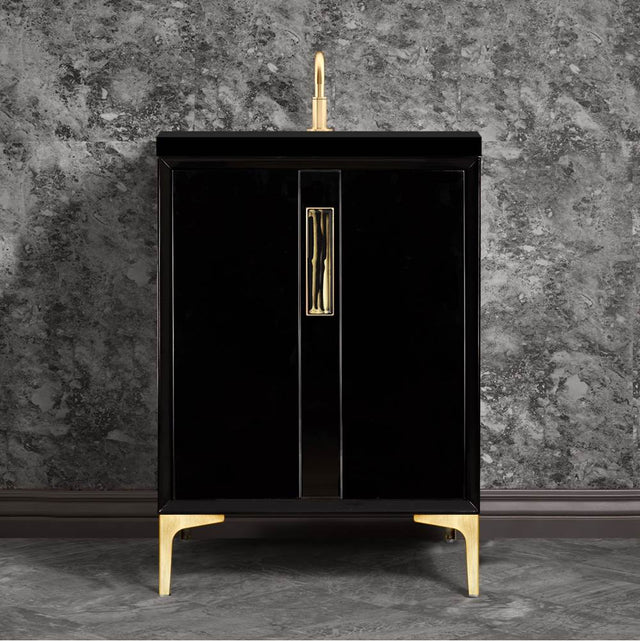 Linkasink - Tuxedo with 8'' Black Tiger Artisan Glass Prism, 24'' Wide Vanity, Black, Satin Brass Hardware with White Glass, 24'' x 22'' x 33.5'' (without vanity top) - Satin Brass with Black Tiger Prism Glass