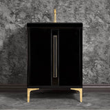 Linkasink - TUXEDO with 18'' Artisan Glass Prism Hardware 24'' Wide Vanity, Black, Polished Brass Hardware, 24'' x 22'' x 33.5'' (without vanity top) - Polished Brass with Black Prism Glass