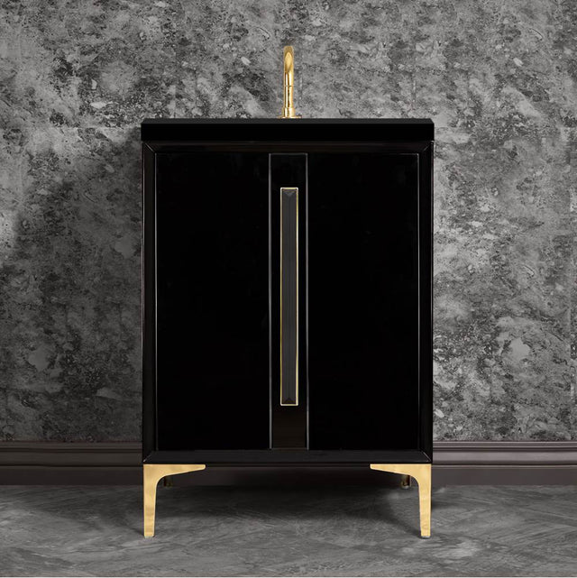 Linkasink - TUXEDO with 18'' Artisan Glass Prism Hardware 24'' Wide Vanity, Black, Polished Brass Hardware, 24'' x 22'' x 33.5'' (without vanity top) - Polished Brass with Black Prism Glass