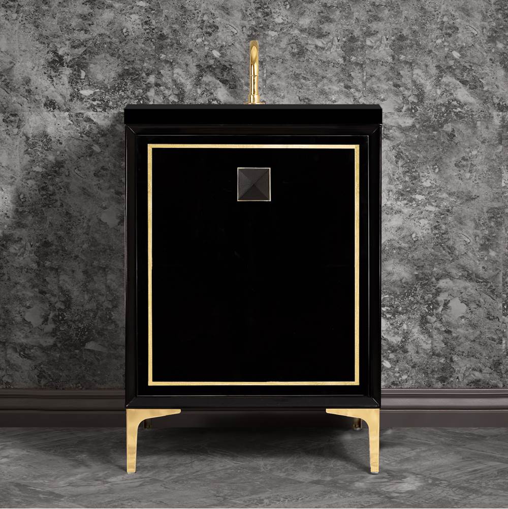 Linkasink - LINEA with 3'' Artisan Glass Prism Hardware 24'' Wide Vanity, Black, Polished Brass Hardware, 24'' x 22'' x 33.5'' (without vanity top) - Polished Brass with Black Prism Glass