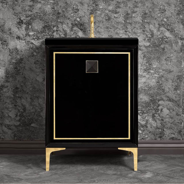 Linkasink - LINEA with 3'' Artisan Glass Prism Hardware 24'' Wide Vanity, Black, Polished Brass Hardware, 24'' x 22'' x 33.5'' (without vanity top) - Polished Brass with Black Prism Glass