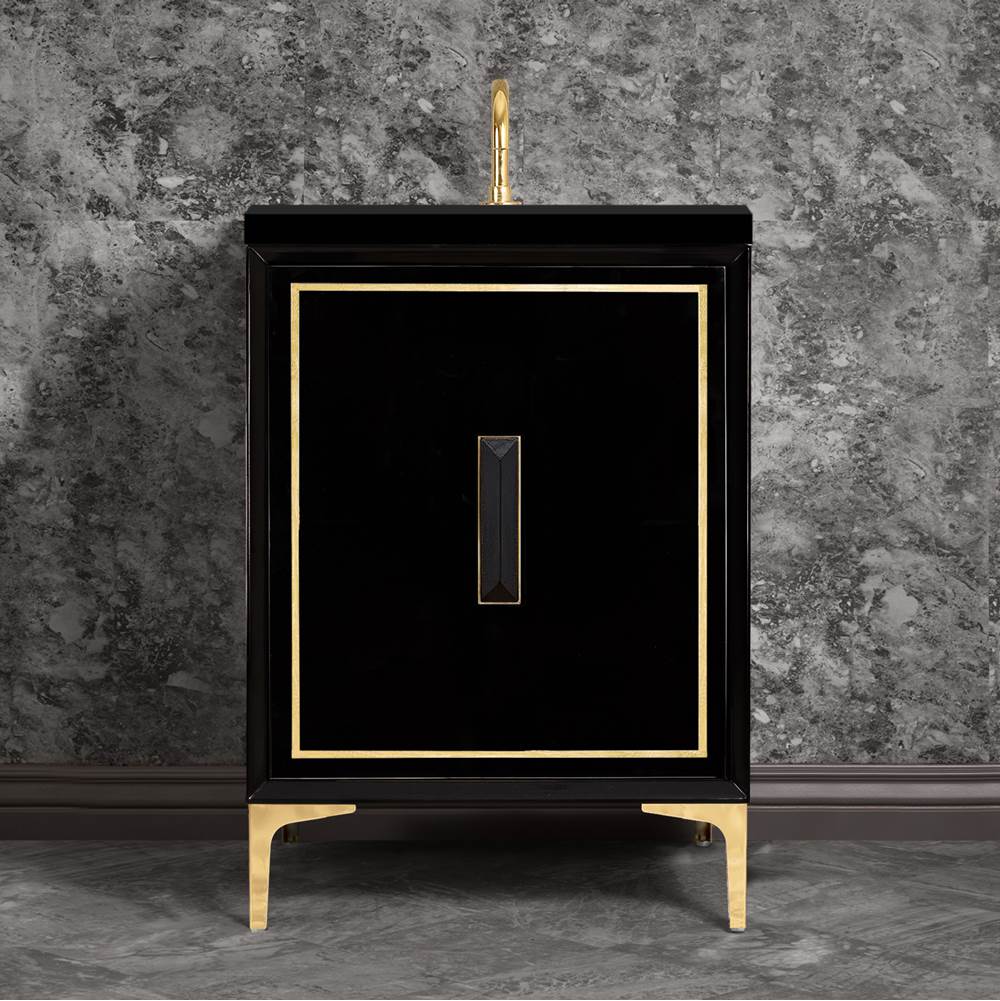Linkasink - LINEA with 8'' Artisan Glass Prism Hardware 24'' Wide Vanity, Black, Polished Brass Hardware, 24'' x 22'' x 33.5'' (without vanity top) - Polished Brass with Black Prism Glass