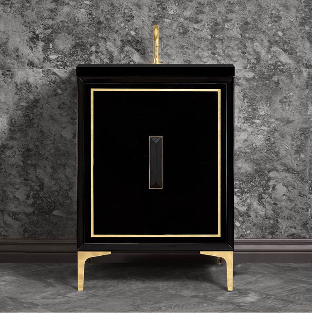 Linkasink - LINEA with 8'' Artisan Glass Prism Hardware 24'' Wide Vanity, Black, Polished Brass Hardware, 24'' x 22'' x 33.5'' (without vanity top) - Polished Brass with Black Prism Glass