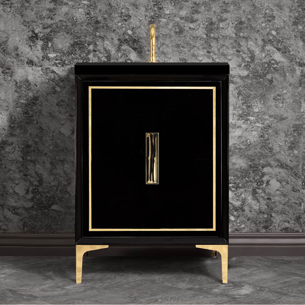 Linkasink - LINEA with 8'' Artisan Glass Prism Hardware 24'' Wide Vanity, Black, Polished Brass Hardware, 24'' x 22'' x 33.5'' (without vanity top) - Polished Brass with Black Tiger Prism Glass