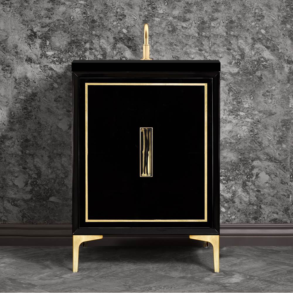 Linkasink - Linea with 8'' Black Tiger Artisan Glass Prism, 24'' Wide Vanity, Black, Satin Brass Hardware with White Glass, 24'' x 22'' x 33.5'' (without vanity top) - Satin Brass with Black Tiger Prism Glass