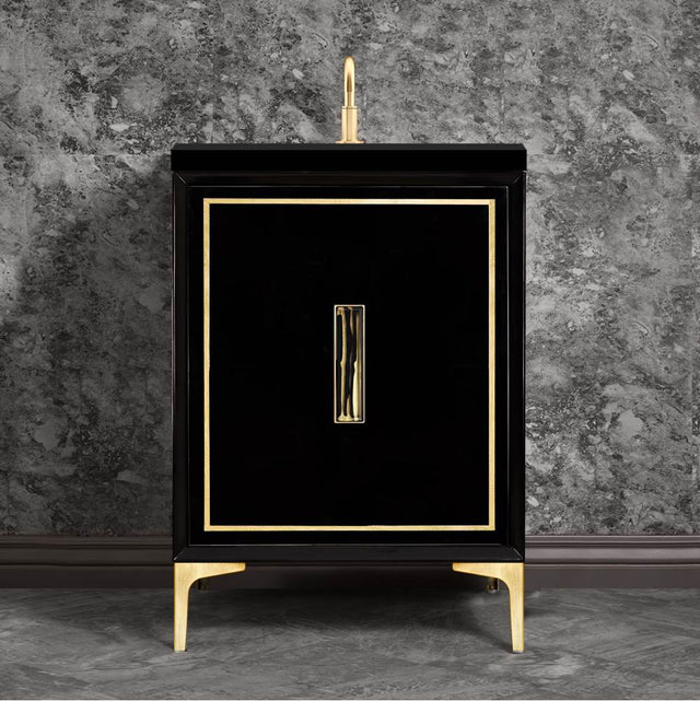 Linkasink - Linea with 8'' Black Tiger Artisan Glass Prism, 24'' Wide Vanity, Black, Satin Brass Hardware with White Glass, 24'' x 22'' x 33.5'' (without vanity top) - Satin Brass with Black Tiger Prism Glass