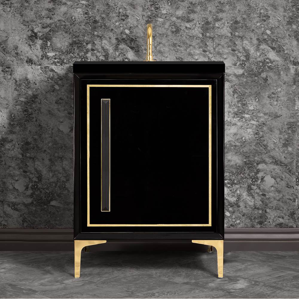 Linkasink - LINEA with 18'' Artisan Glass Prism Hardware 24'' Wide Vanity, Black, Polished Brass Hardware, 24'' x 22'' x 33.5'' (without vanity top) - Polished Brass with Black Prism Glass