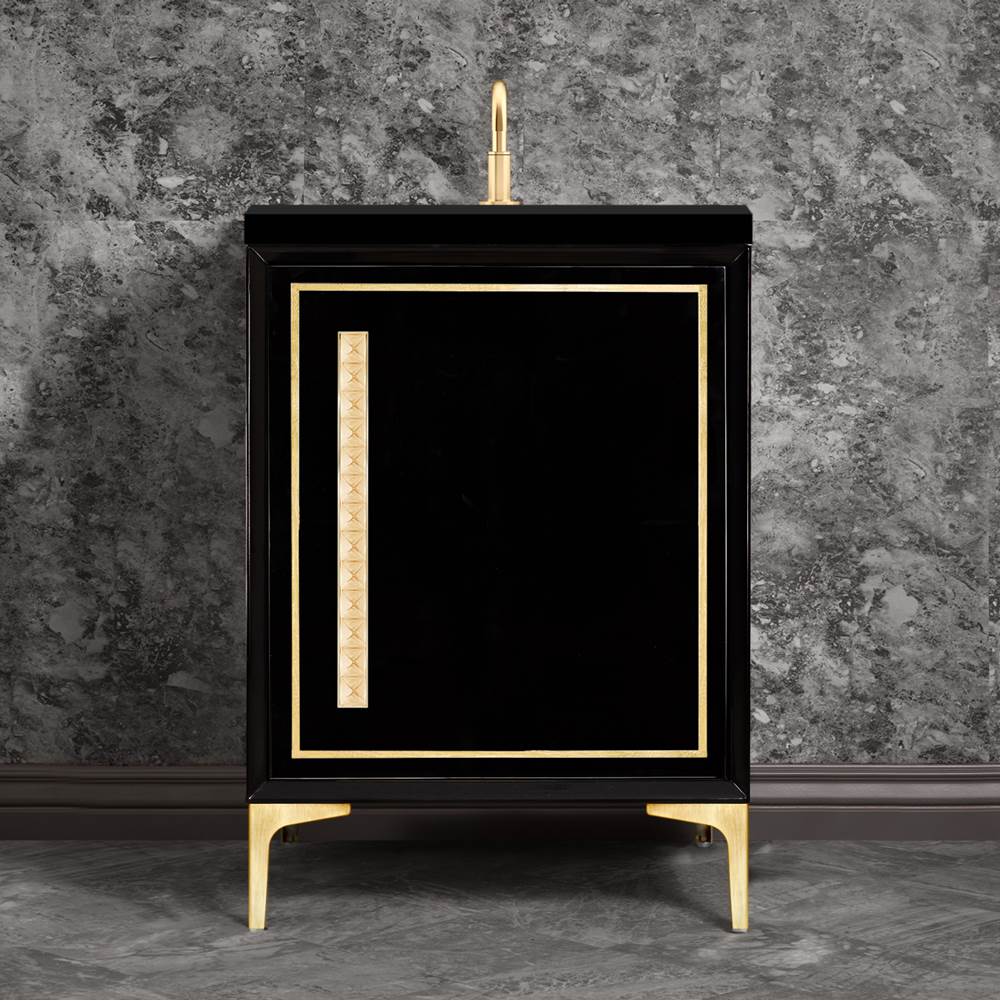 Linkasink - LINEA with 18'' Artisan Glass Pyramid Hardware 24'' Wide Vanity, Black, Satin Brass Hardware, 24'' x 22'' x 33.5'' (without vanity top) - Satin Brass with Ã‰glomisÃ© Pyramid Glass