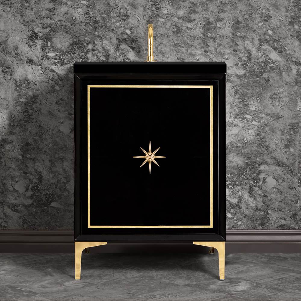 Linkasink - Linea with 3'' Polished Brass Star Hardware, 24'' Wide Vanity, Black, 24'' x 22'' x 33.5'' (without vanity top) - Polished Brass