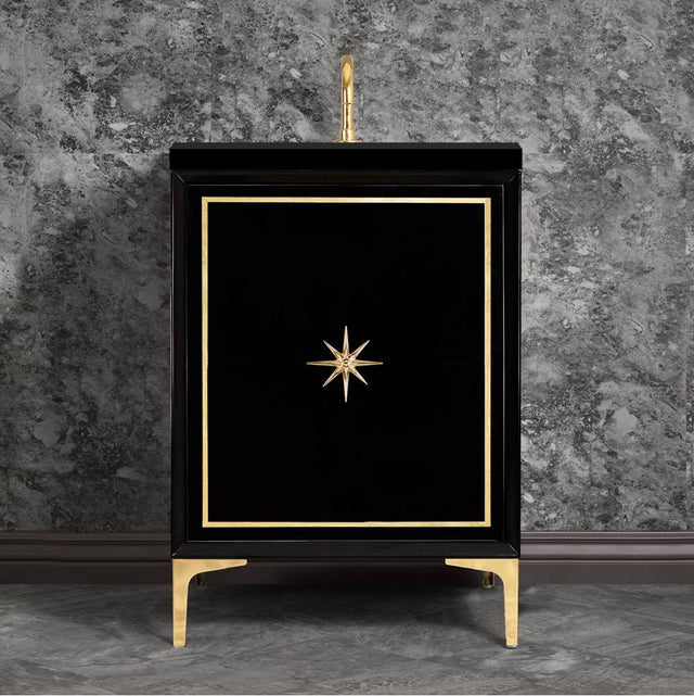 Linkasink - Linea with 3'' Polished Brass Star Hardware, 24'' Wide Vanity, Black, 24'' x 22'' x 33.5'' (without vanity top) - Polished Brass