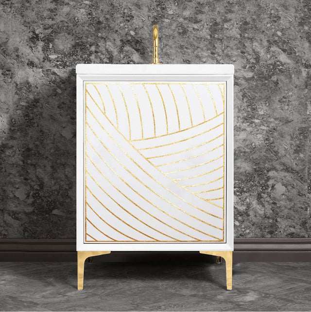 Linkasink - Lateen 24'' Wide White Vanity with Hand Applied Metal Leaf and Polished Brass Hardware, 24'' x 22'' x 33.5'' (without vanity top) - White with Polished Brass Hardware