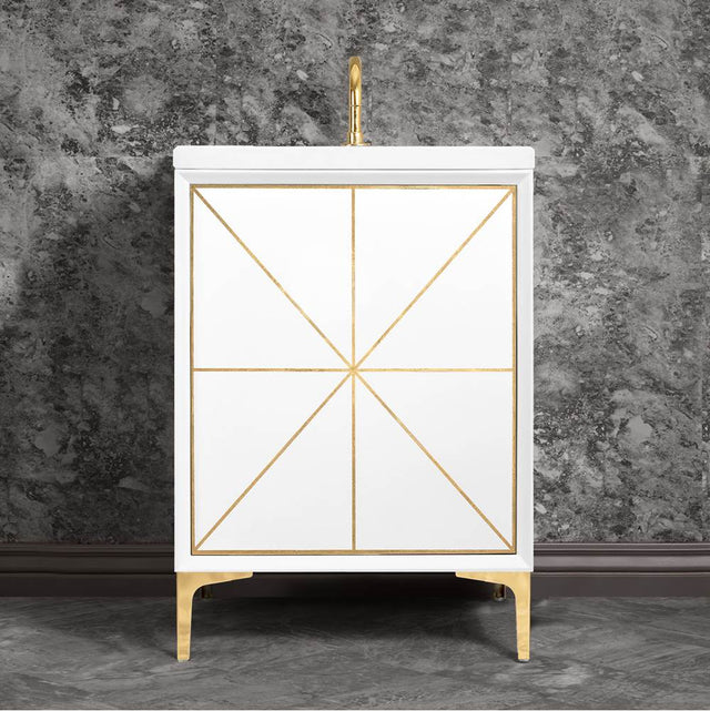 Linkasink - Divergence 24'' Wide White Vanity with Hand Applied Metal Leaf and Polished Brass Hardware, 24'' x 22'' x 33.5'' (without vanity top) - White with Polished Brass Hardware