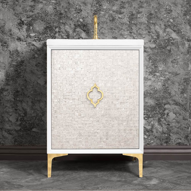 Linkasink - Mother of Pearl 24'' Wide White Vanity with Polished Brass Arabesque Pull and Hardware, 24'' x 22'' x 33.5'' (without vanity top) - White with Polished Brass Hardware