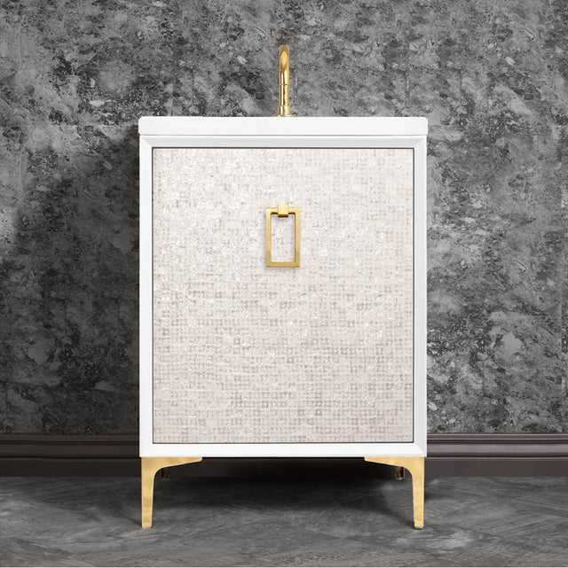 Linkasink - Mother of Pearl 24'' Wide White Vanity with Polished Brass Coach Pull and Hardware, 24'' x 22'' x 33.5'' (without vanity top) - White with Polished Brass Hardware