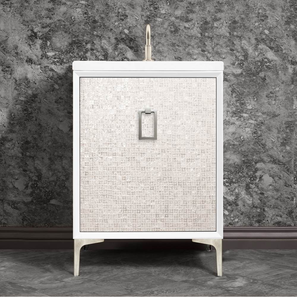 Linkasink - Mother of Pearl 24'' Wide White Vanity with Satin Nickel Coach Pull and Hardware, 24'' x 22'' x 33.5'' (without vanity top) - White with Satin Nickel Hardware