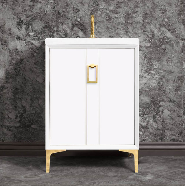 Linkasink - Tuxedo 24'' Wide White Vanity with Polished Brass Coach Pull and Hardware, 24'' x 22'' x 33.5'' (without vanity top) - White with Polished Brass Hardware