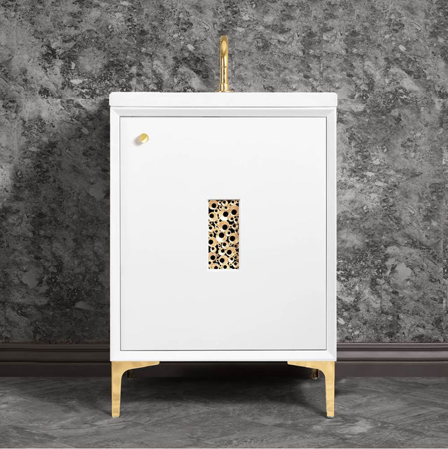 Linkasink - Frame 24'' Wide White Vanity with Polished Brass Coral Grate and Legs, 24'' x 22'' x 33.5'' (without vanity top) - White with Polished Brass Hardware