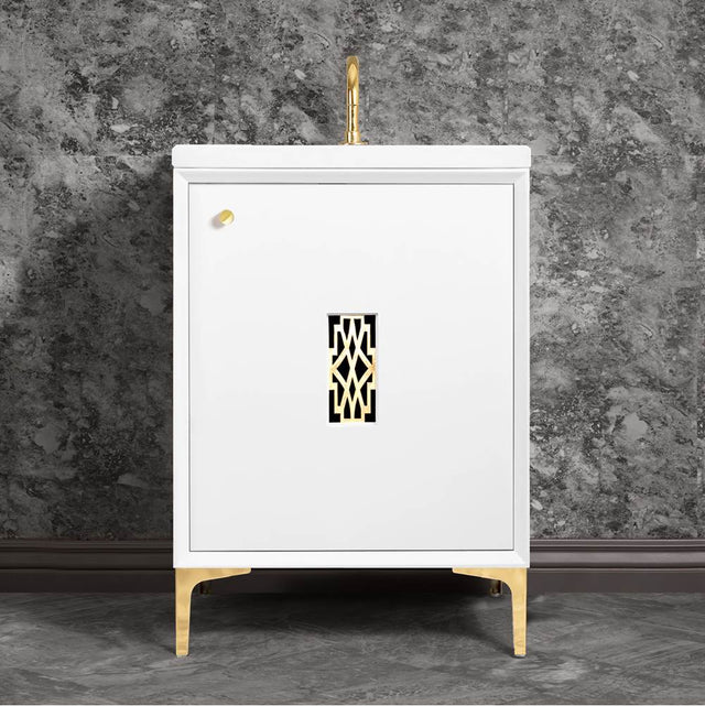 Linkasink - Frame 24'' Wide White Vanity with Polished Brass Deco Grate and Legs, 24'' x 22'' x 33.5'' (without vanity top) - White with Polished Brass Hardware