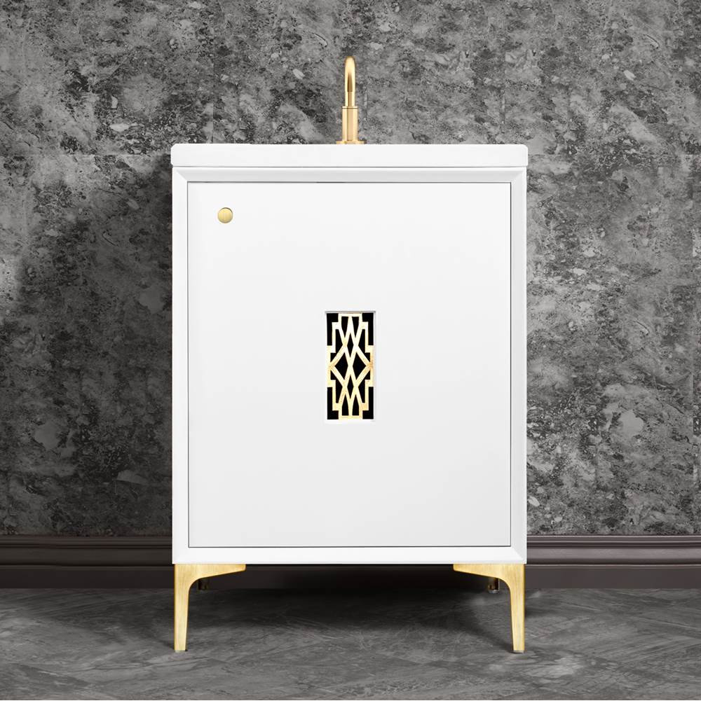 Linkasink - Frame 24'' Wide White Vanity with Satin Brass Deco Grate and Legs, 24'' x 22'' x 33.5'' (without vanity top) - White with Satin Brass Hardware