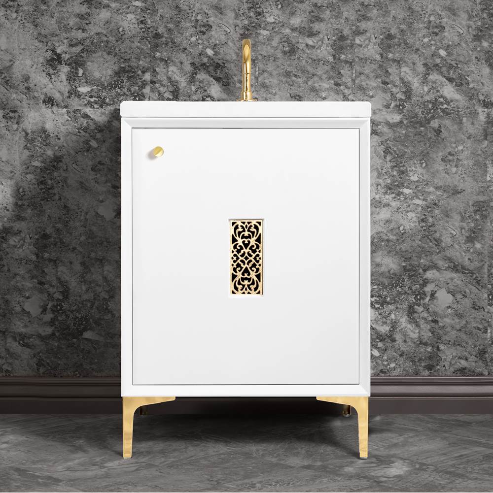 Linkasink - Frame 24'' Wide White Vanity with Polished Brass Filigree Grate and Legs, 24'' x 22'' x 33.5'' (without vanity top) - White with Polished Brass Hardware