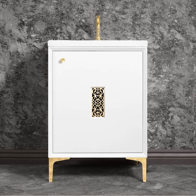 Linkasink - Frame 24'' Wide White Vanity with Polished Brass Filigree Grate and Legs, 24'' x 22'' x 33.5'' (without vanity top) - White with Polished Brass Hardware