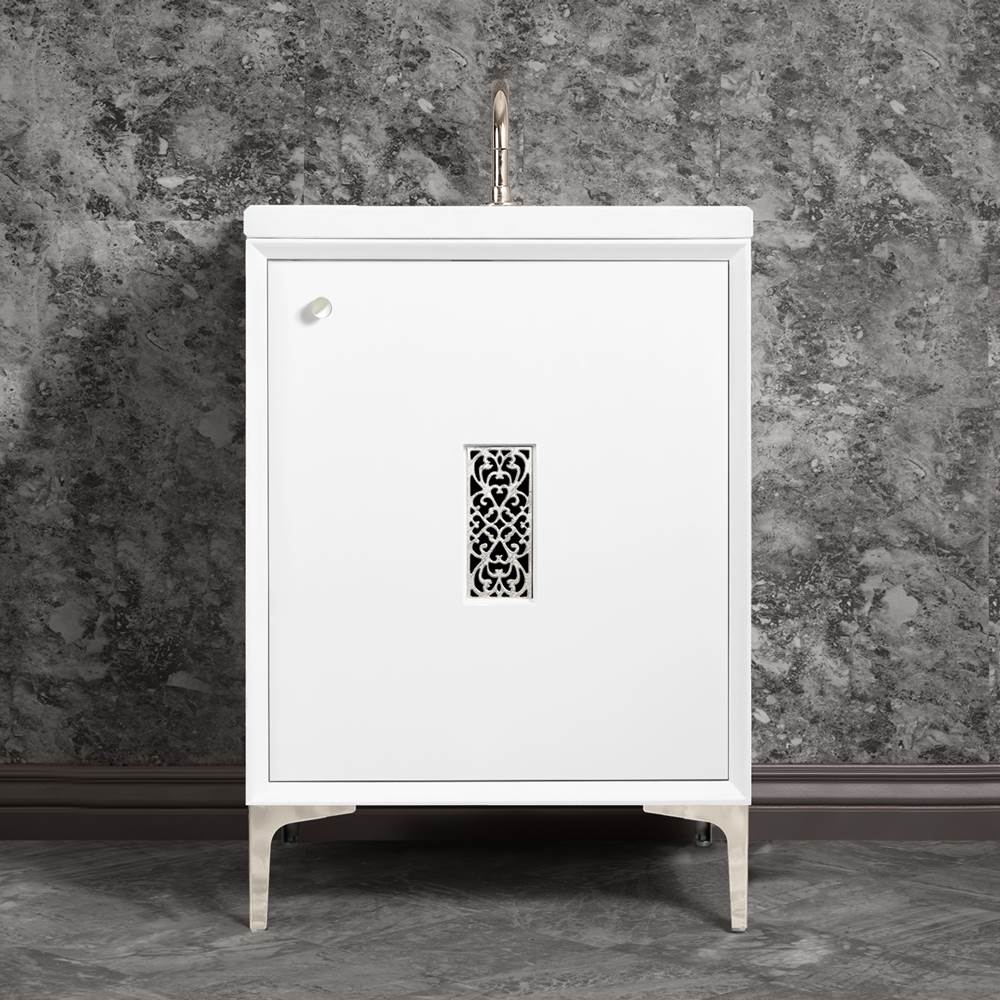 Linkasink - Frame 24'' Wide White Vanity with Polished Nickel Filigree Grate and Legs, 24'' x 22'' x 33.5'' (without vanity top) - White with Polished Nickel Hardware
