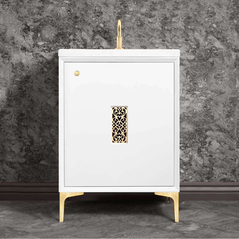 Linkasink - Frame 24'' Wide White Vanity with Satin Brass Filigree Grate and Legs, 24'' x 22'' x 33.5'' (without vanity top) - White with Satin Brass Hardware