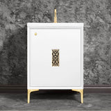 Linkasink - Frame 24'' Wide White Vanity with Satin Brass Filigree Grate and Legs, 24'' x 22'' x 33.5'' (without vanity top) - White with Satin Brass Hardware