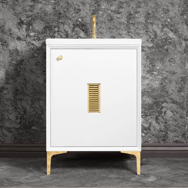 Linkasink - Frame 24'' Wide White Vanity with Polished Brass Louver Grate and Legs, 24'' x 22'' x 33.5'' (without vanity top) - White with Polished Brass Hardware