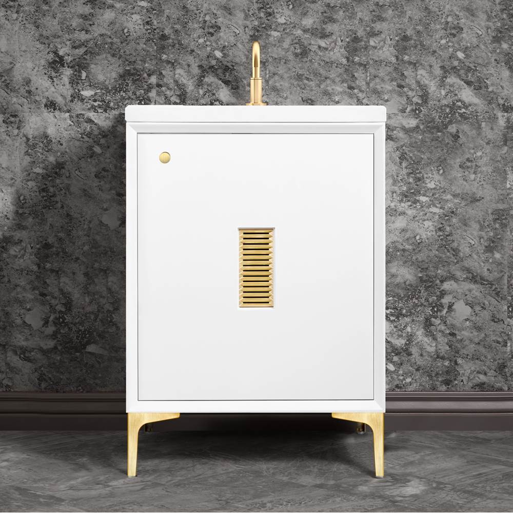 Linkasink - Frame 24'' Wide White Vanity with Satin Brass Louver Grate and Legs, 24'' x 22'' x 33.5'' (without vanity top) - White with Satin Brass Hardware