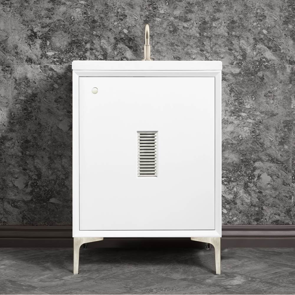 Linkasink - Frame 24'' Wide White Vanity with Satin Nickel Louver Grate and Legs, 24'' x 22'' x 33.5'' (without vanity top) - White with Satin Nickel Hardware