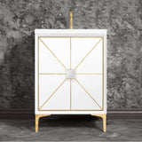 Linkasink - Divergence with 3'' Artisan Glass Prism, 24'' Wide Vanity, White, Polished Brass Hardware with White Glass, 24'' x 22'' x 33.5'' (without vanity top) - Polished Brass with White Glass