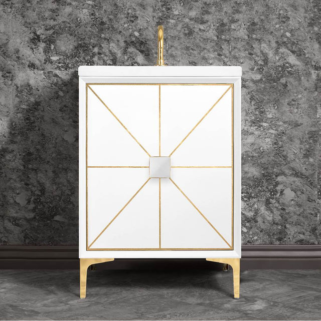 Linkasink - Divergence with 3'' Artisan Glass Prism, 24'' Wide Vanity, White, Polished Brass Hardware with White Glass, 24'' x 22'' x 33.5'' (without vanity top) - Polished Brass with White Glass