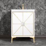 Linkasink - Divergence with 3'' Artisan Glass Prism, 24'' Wide Vanity, White, Satin Brass Hardware with White Glass, 24'' x 22'' x 33.5'' (without vanity top) - Satin Brass with White Glass