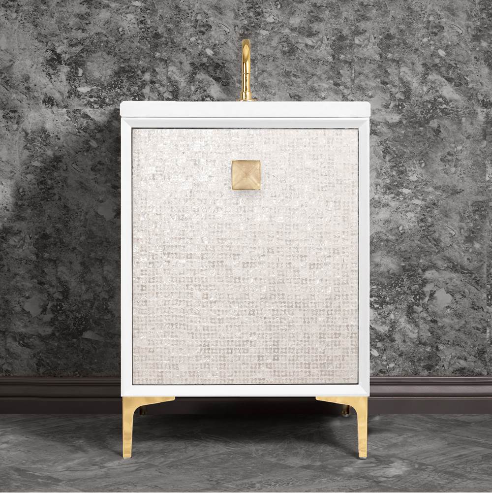 Linkasink - MOTHER OF PEARL with 3'' Artisan Glass Prism Hardware 24'' Wide Vanity, White, Polished Brass Hardware, 24'' x 22'' x 33.5'' (without vanity top) - Polished Brass with Eglomise Prism Glass