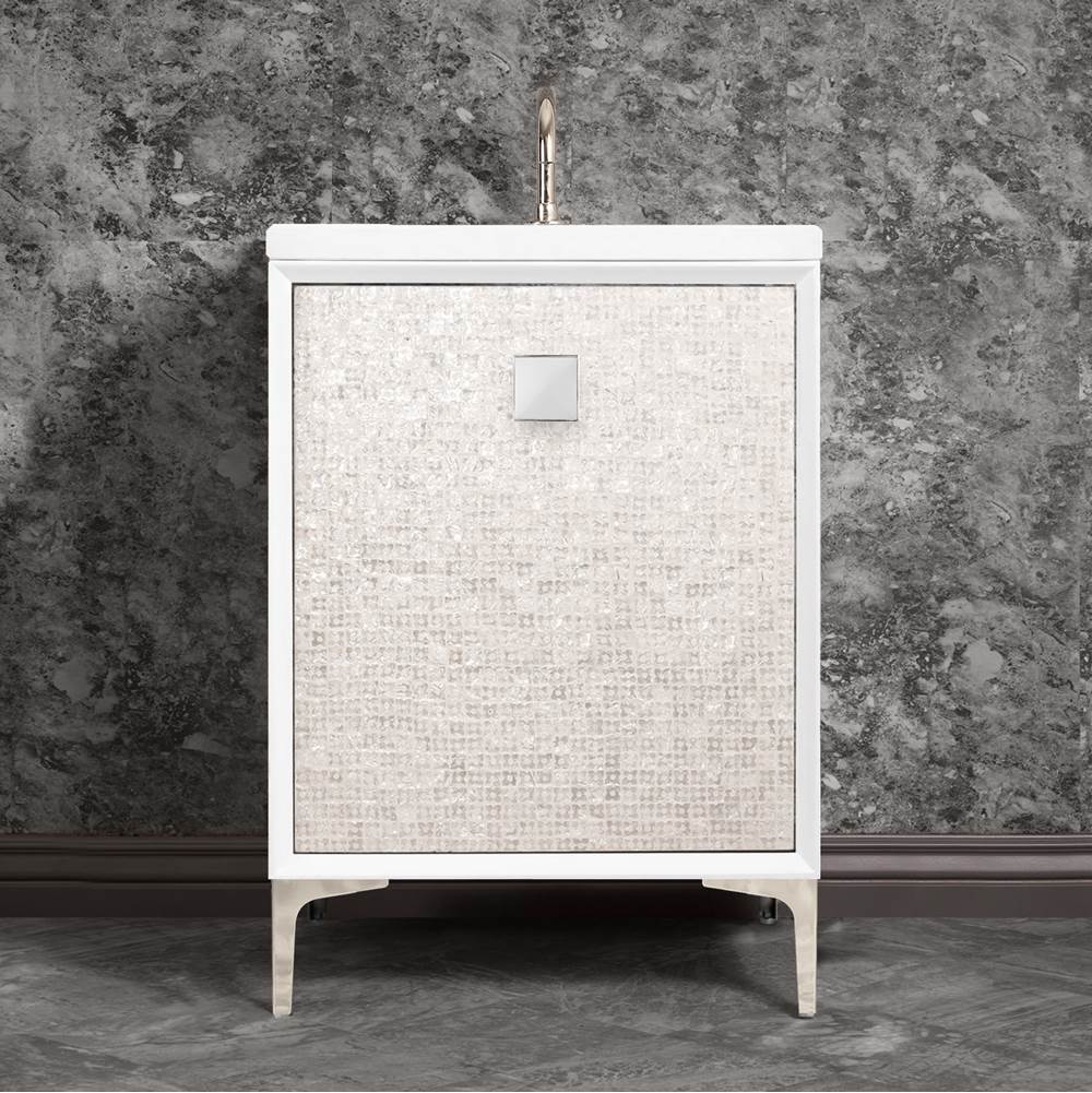 Linkasink - MOTHER OF PEARL with 3'' Artisan Glass Prism Hardware 24'' Wide Vanity, White, Polished Nickel Hardware, 24'' x 22'' x 33.5'' (without vanity top) - Polished Nickel with White Prism Glass
