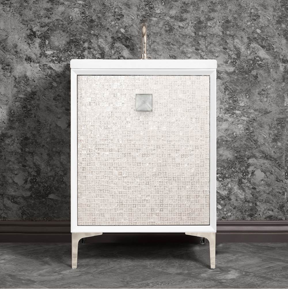 Linkasink - MOTHER OF PEARL with 3'' Artisan Glass Prism Hardware 24'' Wide Vanity, White, Polished Nickel Hardware, 24'' x 22'' x 33.5'' (without vanity top) - Polished Nickel with Ã‰glomisÃ© Prism Glass