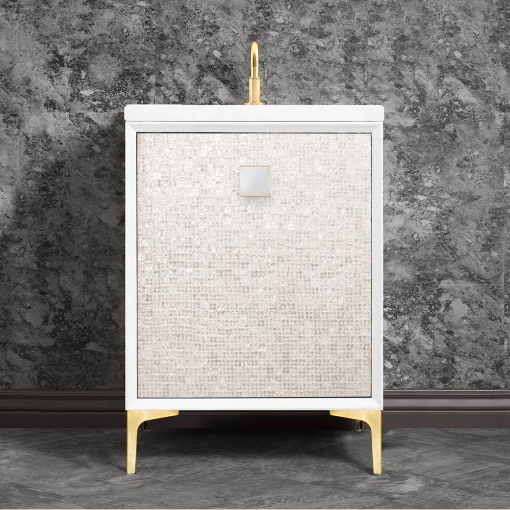 Linkasink - MOTHER OF PEARL with 3'' Artisan Glass Prism Hardware 24'' Wide Vanity, White, Satin Brass Hardware, 24'' x 22'' x 33.5'' (without vanity top) - Satin Brass with White Prism Glass