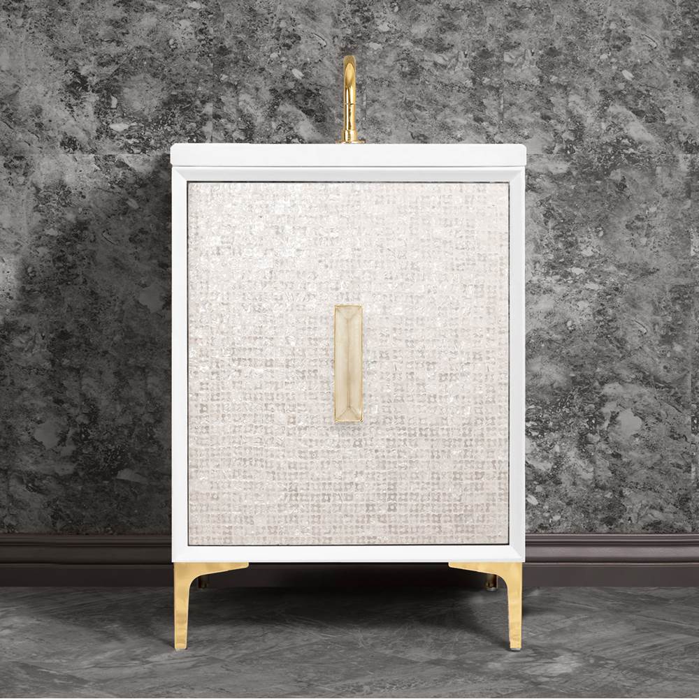 Linkasink - MOTHER OF PEARL with 8'' Artisan Glass Prism Hardware 24'' Wide Vanity, White, Polished Brass Hardware, 24'' x 22'' x 33.5'' (without vanity top) - Polished Brass with Eglomise Prism Glass