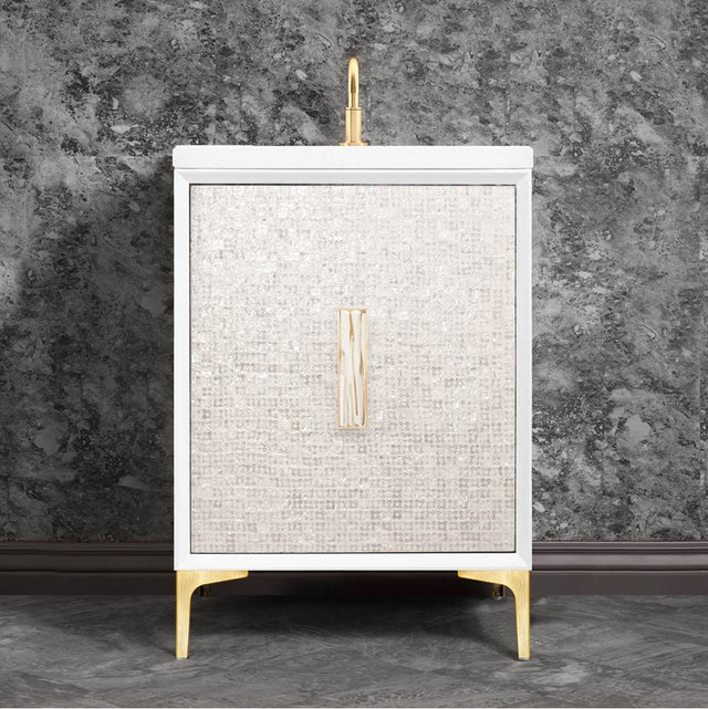 Linkasink - Mother of Pearl with 8'' White Tiger Artisan Glass Prism, 24'' Wide Vanity, White, Satin Brass Hardware with White Glass, 24'' x 22'' x 33.5'' (without vanity top) - Satin Brass with White Tiger Prism Glass